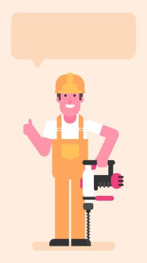 Builder holding large drill and showing thumbs up. Flat people. Vector illustration