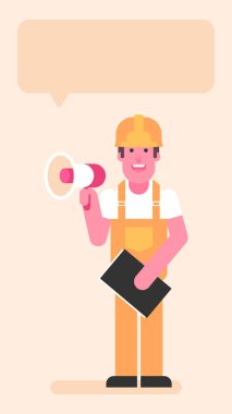 Builder holding megaphone and folder with documents. Flat people. Vector illustration