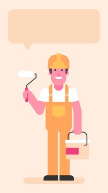 Builder holding paint roller and bucket with paint. Flat people. Vector illustration
