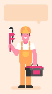 Builder holding pipe wrench and suitcase with tools. Flat people. Vector illustration