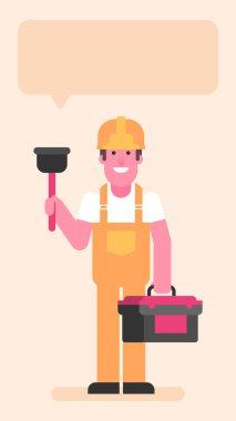 Builder holding plunger and suitcase with tools. Flat people. Vector illustration