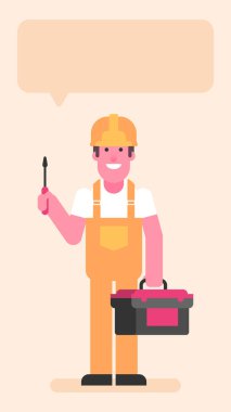 Builder holding screwdriver and suitcase with tools. Flat people. Vector illustration