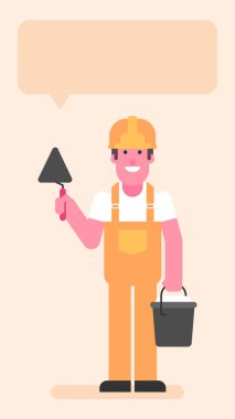 Builder holding trowel and bucket with cement. Flat people. Vector illustration