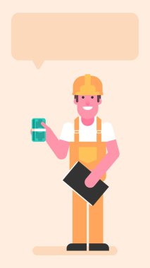 Builder holding wad money and smiles. Flat people. Vector illustration