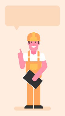 Builder points finger up and holds folder with documents. Flat people. Vector illustration