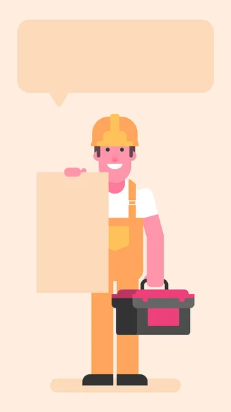 Builder Holding Blank Sign Suitcase Tools Flat People Vector Illustration — Stock Vector