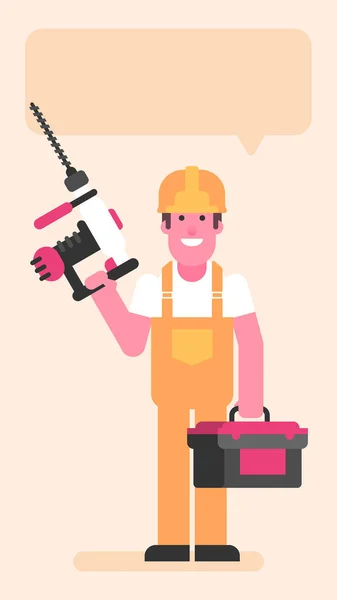 Builder Holding Large Drill Suitcase Tools Smiles Flat People Vector — Stock Vector