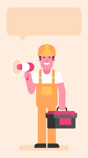 Builder Holding Megaphone Suitcase Tools Flat People Vector Illustration — Stock Vector