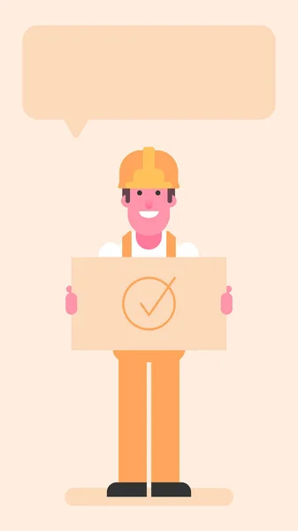 Builder Holding Sign Checkmark Smiles Flat People Vector Illustration — 스톡 벡터