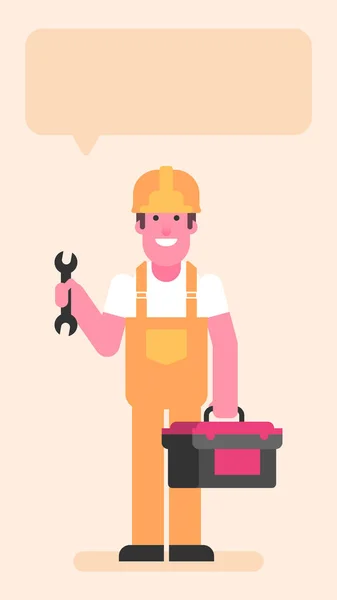 Builder Holding Wrench Suitcase Tools Flat People Vector Illustration — Stockvector
