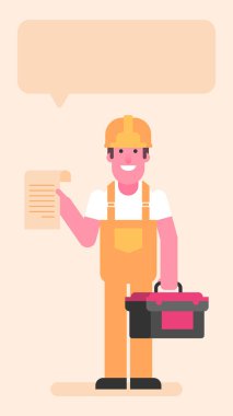 Aletlerle dolu bavulu tutan ve belgeleri tutan kişi. Düz insanlar. Vektör illüstrasyonu