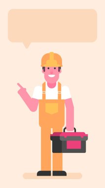 Bavulu aletlerle tutan ve parmakla işaret eden kişi. Düz insanlar. Vektör illüstrasyonu