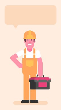 Bavulu aletlerle tutan ve elini kalçasında tutan kişi. Düz insanlar. Vektör illüstrasyonu