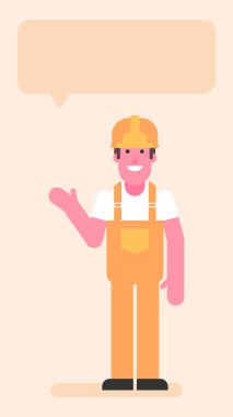 İnşaatçı el kaldırıyor. Düz insanlar. Vektör illüstrasyonu