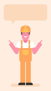 İnşaatçı parmaklarını sağa sola gösteriyor. Düz insanlar. Vektör illüstrasyonu