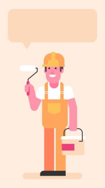 Yüzün dörtte üçü silindir ve kovayla boyanmış. Düz insanlar. Vektör illüstrasyonu