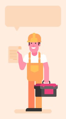 Bavulun dörtte üçünde araç gereç ve belge var. Düz insanlar. Vektör illüstrasyonu