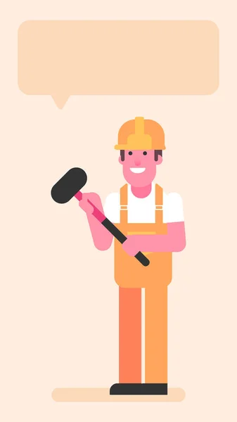 Builder Three Quarters Face Holding Big Hammer Flat People Vector — Stock Vector