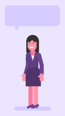 İş kadınının dörtte üçü ayakta ve gülümsüyor. Düz insanlar. Vektör illüstrasyonu