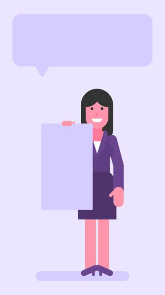 Mujer Negocios Sosteniendo Letrero Blanco Sonrisas Gente Plana Ilustración Vectorial — Vector de stock