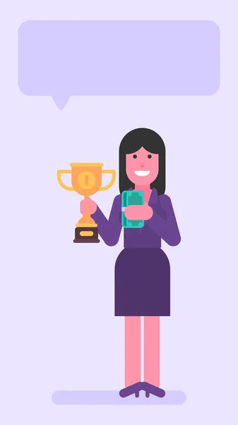 Business Woman Holding Golden Cup Wad Money Flat People Vector — Stock Vector