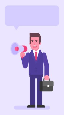 İş adamı megafona konuşur ve bavulu tutar. Düz insanlar. Vektör illüstrasyonu