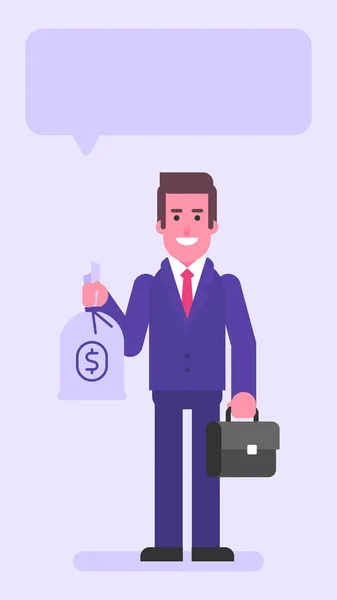 Empresario Sosteniendo Bolsa Con Dinero Maleta Gente Plana Ilustración Vectorial — Vector de stock