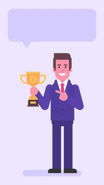 Businessman Pointing Finger Golden Cup Smiles Flat People Vector Illustration — Stock Vector