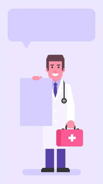 Doctor Holding Blank Sign Suitcase Flat People Vector Illustration — Stock Vector