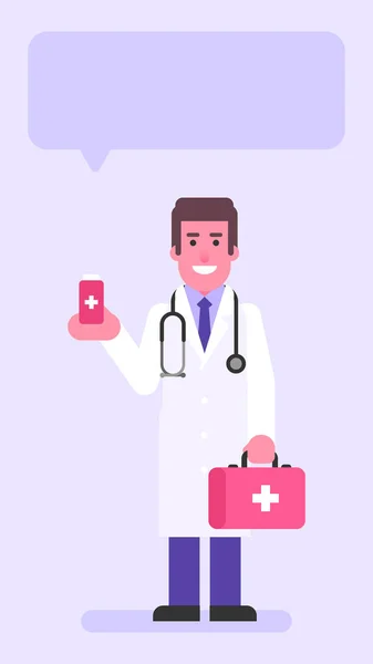 Doctor Holding Suitcase Tablets Flat People Vector Illustration — Vector de stock