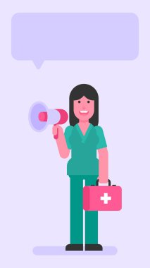 Hemşire kadın bavul ve megafon tutuyor. Düz insanlar. Vektör illüstrasyonu