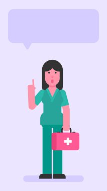 Hemşire kadın bavulu tutuyor ve parmağıyla işaret ediyor. Düz insanlar. Vektör illüstrasyonu