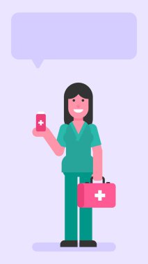 Hemşire kadın bavul ve tabletleri tutuyor. Düz insanlar. Vektör illüstrasyonu