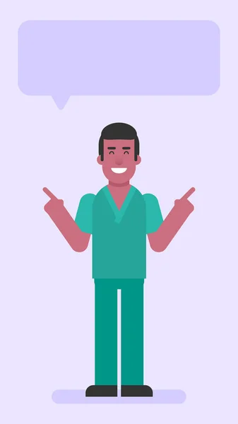 Nurse Man Pointing Fingers Smiles Flat People Vector Illustration — Stock Vector