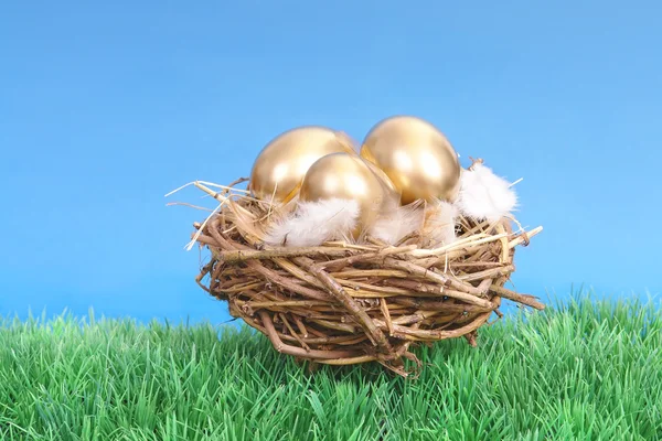 Золоті яйця в плетеному кошику — стокове фото