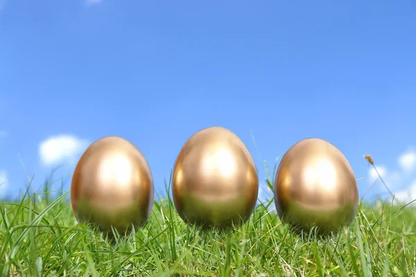 Tres huevos de oro en la hierba — Foto de Stock