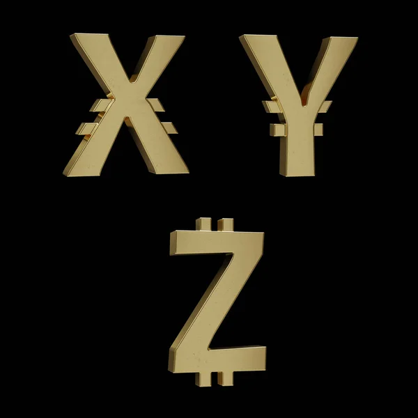黒の背景に金色の金属ビットコインアルファベットの3Dレンダリング — ストック写真