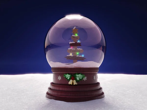 木製のクリスマスツリーと雪に覆われた地面に配置されたライトとクリスタルボールの3Dレンダリング — ストック写真