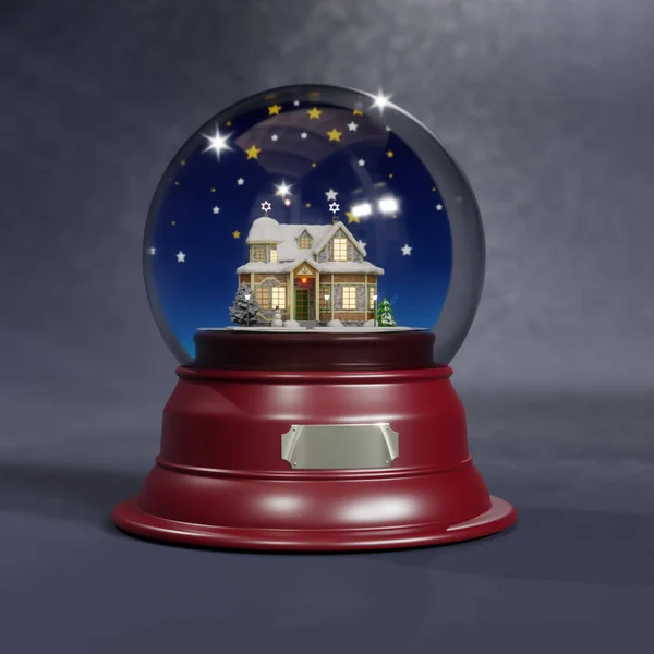 Rendering Crystal Ball Stylized Christmas Decorated Miniature Cottage Snow Covered — Stock Photo, Image