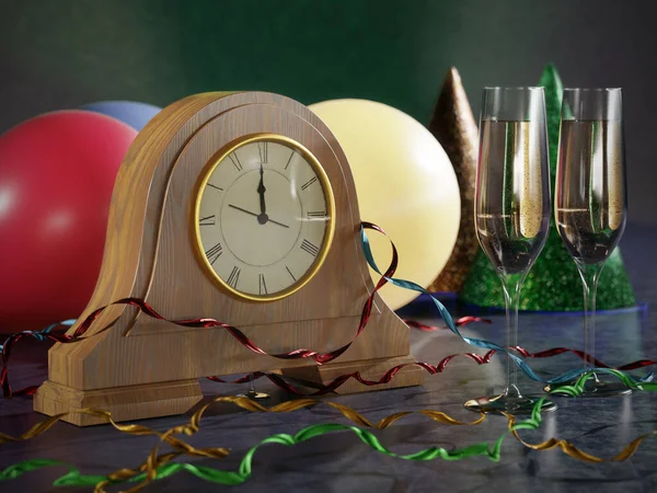 Rendu Horloge Table Montrant Minuit Chapeaux Fête Banderoles Ballons Deux — Photo