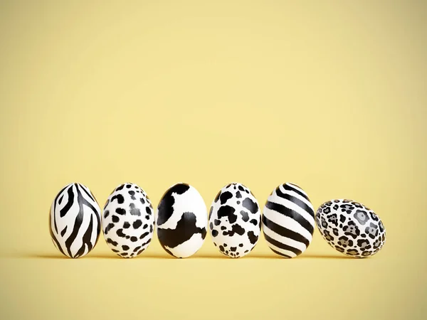 Rendering Six Easter Eggs Animal Skin Pattern Yellow Backgroundon — стоковое фото