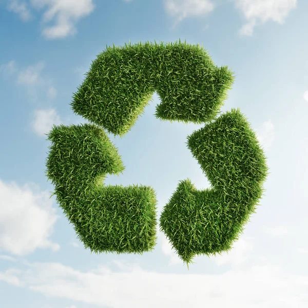 Rendering Von Gras Bedeckten Pfeil Recyceln Symbol Über Himmel Hintergrund — Stockfoto