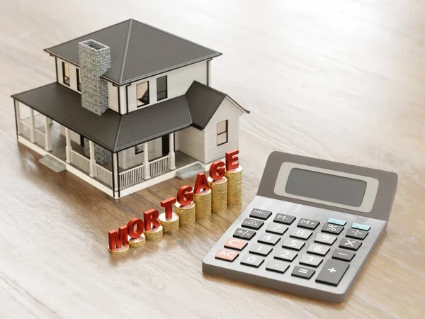 Rendering Miniature Residential House Mortgage Word Place Piles Coins Calculator — Stock Photo, Image