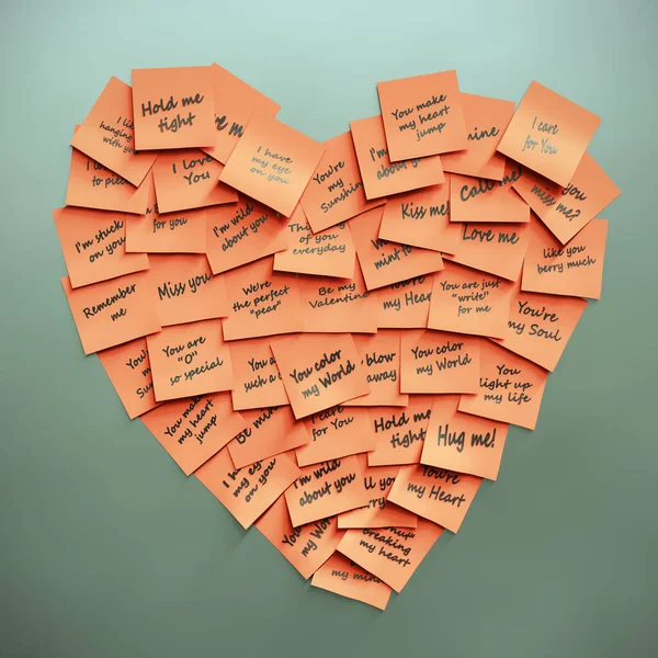 Adesivos Vermelhos Com Provérbios Sazonais Formando Coração Valentim Anexado Superfície — Fotografia de Stock
