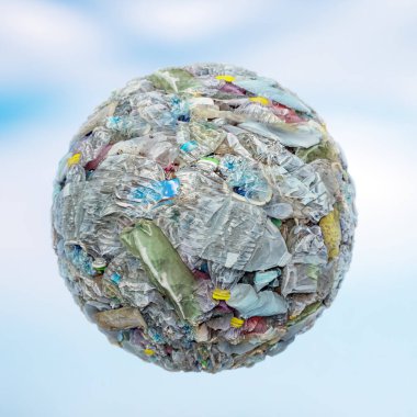 Küçük gezegenin sıkıştırılmış plastik şişelerden yapılmış 3D görüntülemesi mavi gökyüzü üzerinde