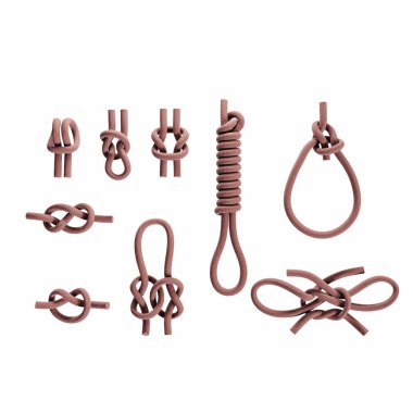 3D rendering of nine basic types of rope knots on white background clipart
