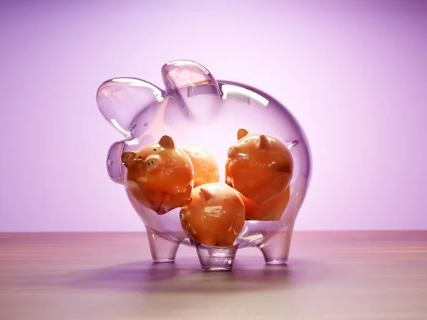 Rendering Small Orange Piggybanks Large Glass Piggybank Violet Background — Stock Photo, Image