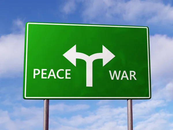 平和と戦争の目的地表示と緑の2方向道路標識の3Dレンダリング — ストック写真
