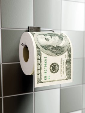 3 boyutlu tuvalet kağıdı rulosu. Duvar dağıtıcısına 100 Amerikan doları kazınmış.