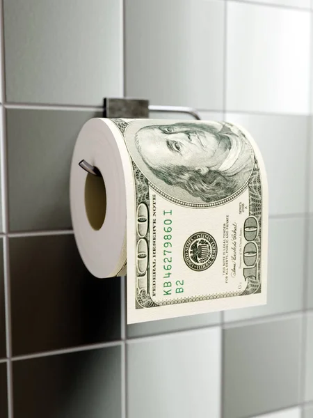 Weergave Van Toiletpapier Rol Met Bedrukt 100 Dollar Muur Dispenser Stockfoto
